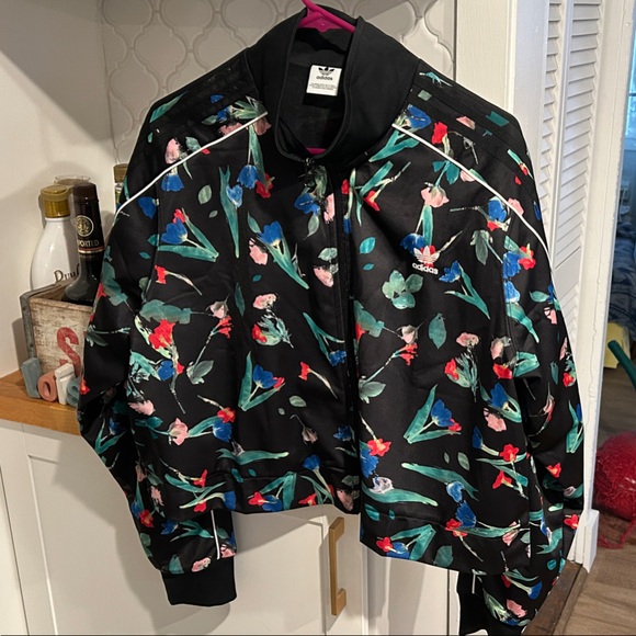 Adidas Floral Black Crop Track Jacket XL - Picture 3 of 6